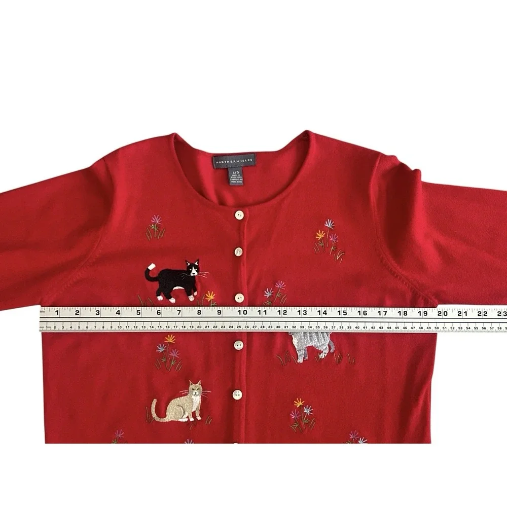 Vintage Northern Isles‎ Cardigan Sweater Red Embroidered Cats Whimsy Large